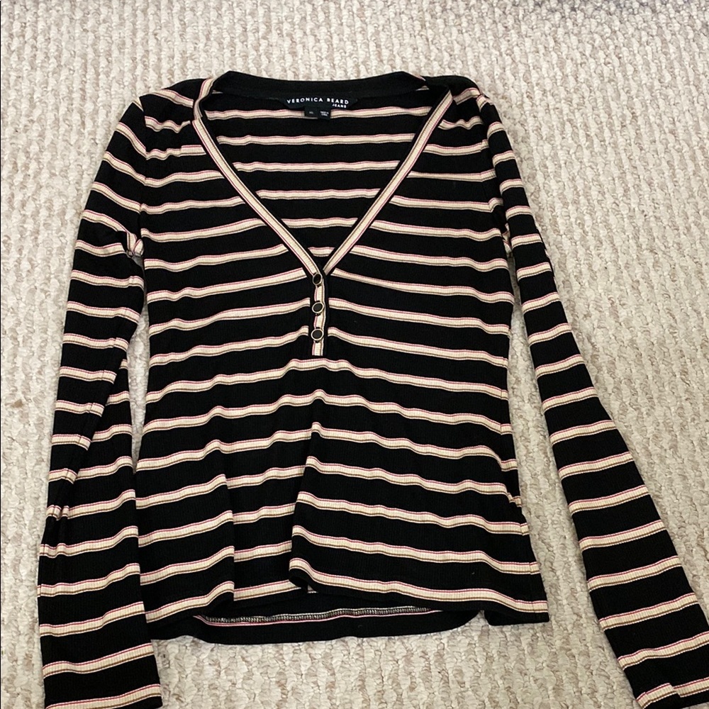 Veronica Beard Black and Pink Striped Henley